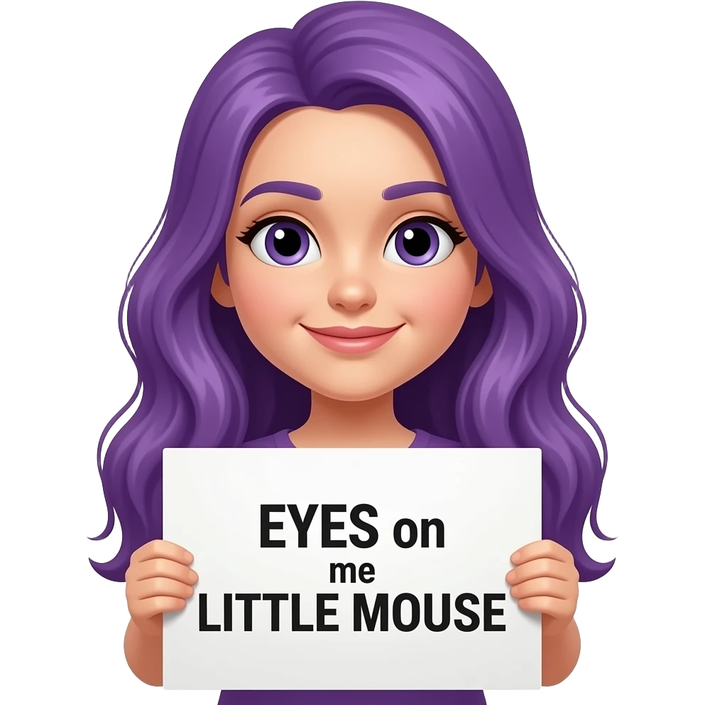girl with long purple hair holding a EYES on me LITTLE MOUSE sign emoji