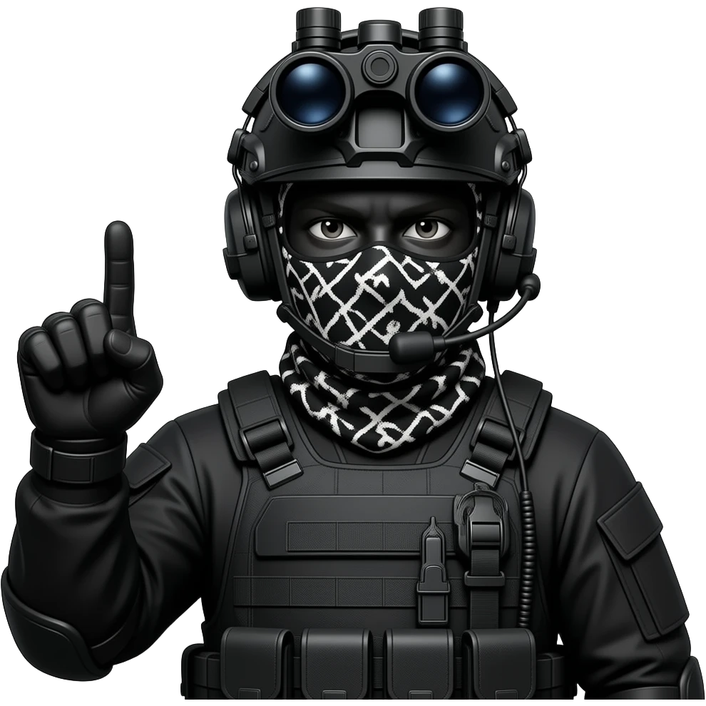 man wearing a black special tactics force outfit, face total painted black and a black and white patterned balaclava and wears a headset and a big black night vision device on his headtop FATIGUE AND COMBAT BOOTS PLATE with a helmet and a mask shows her middle fingers emoji