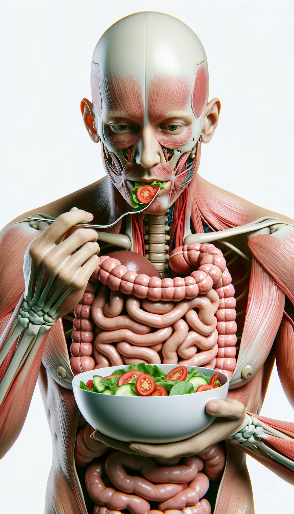 corpo umano anatomico con intestino in evidenza mentre mangia un'insalata con espressione neutra in volto, iperrealistico 4k, isolato su sfondo bianco emoji