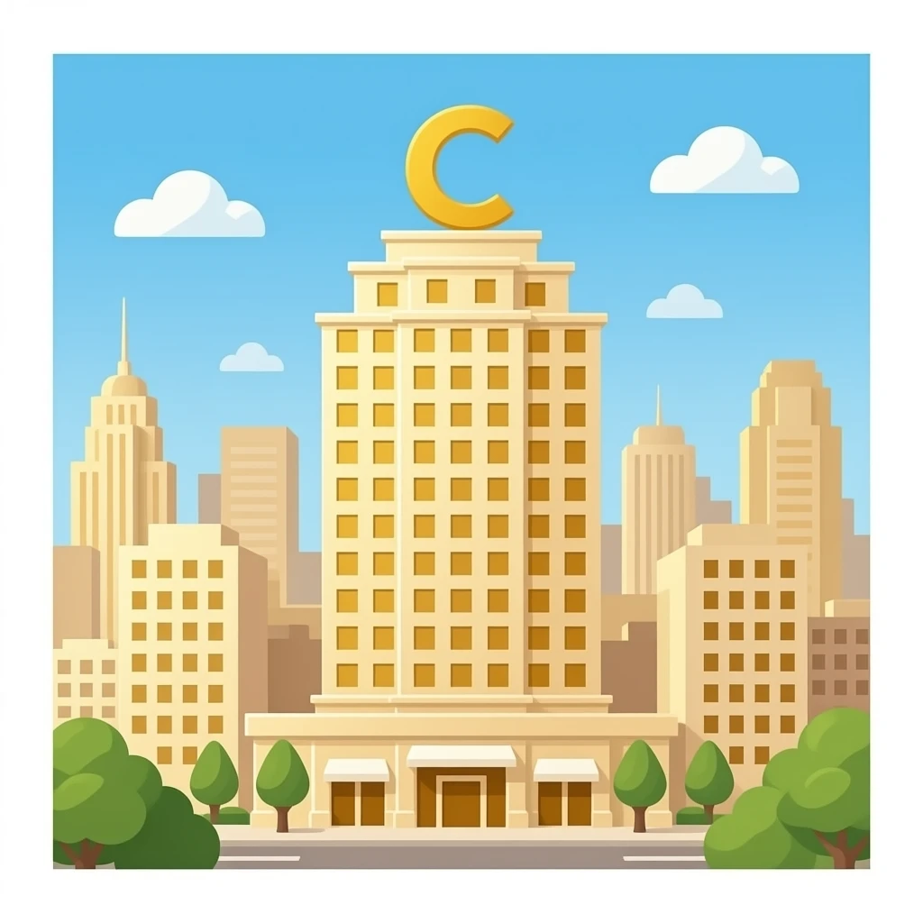 pixar-style 3D emoji style, glossy surface, soft shadows, white background, centered, no text, tall hotel no scene just a building with a c on the top, gold and warm cream tones, emoji