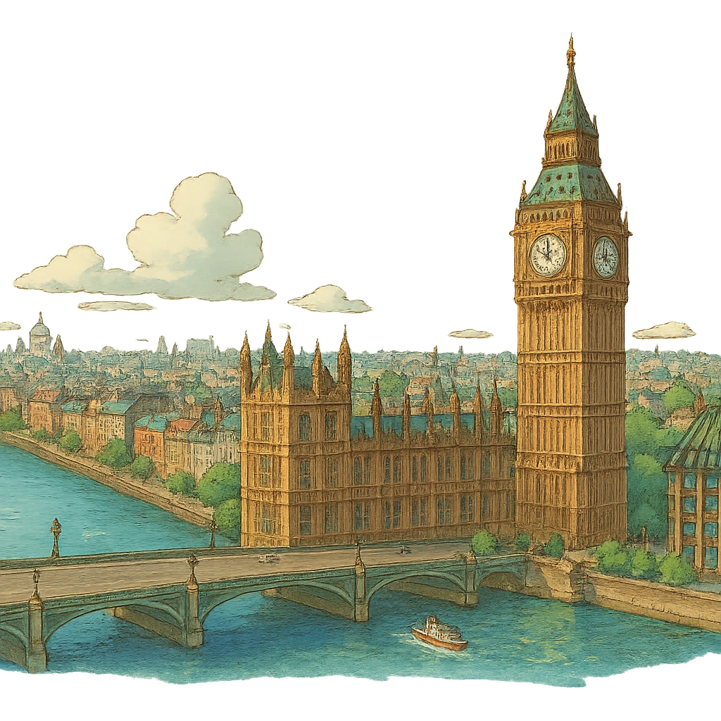 ghibli style London cityscape with Big Ben and Thames river emoji