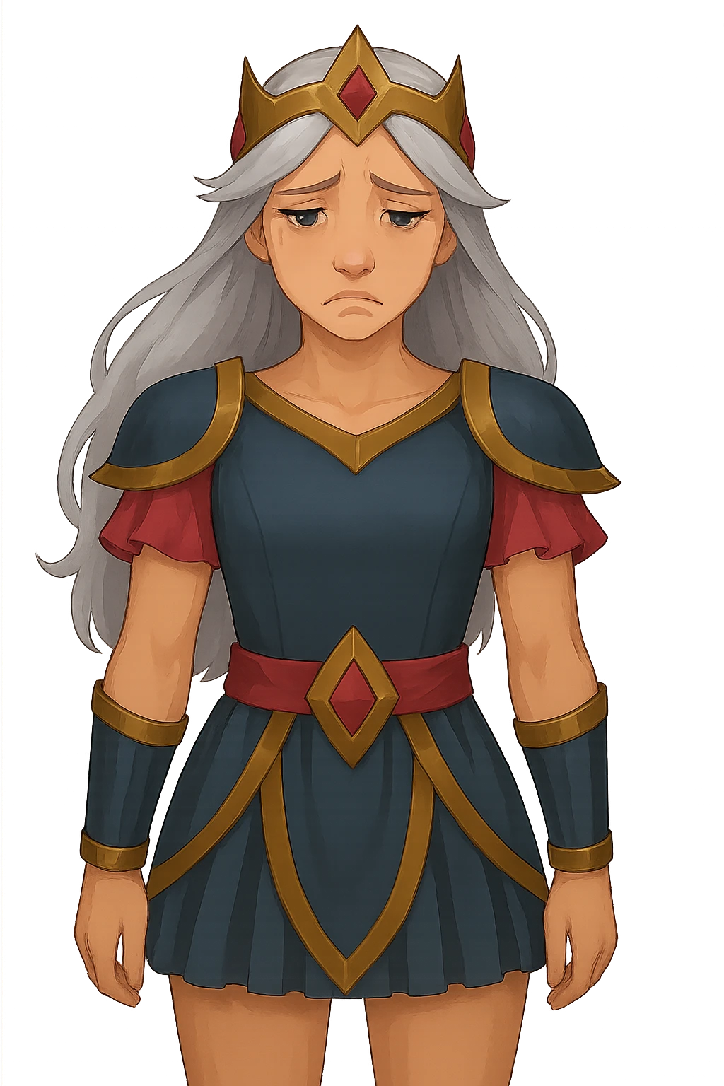 Change the character's face to a sad expression, keep the pose and style the same, transparent PNG. emoji