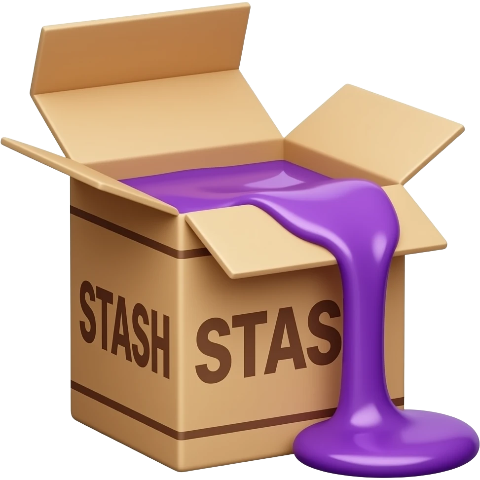 a box with purple syrup flowing out of it and a large inscription on the box saying "STASH" emoji