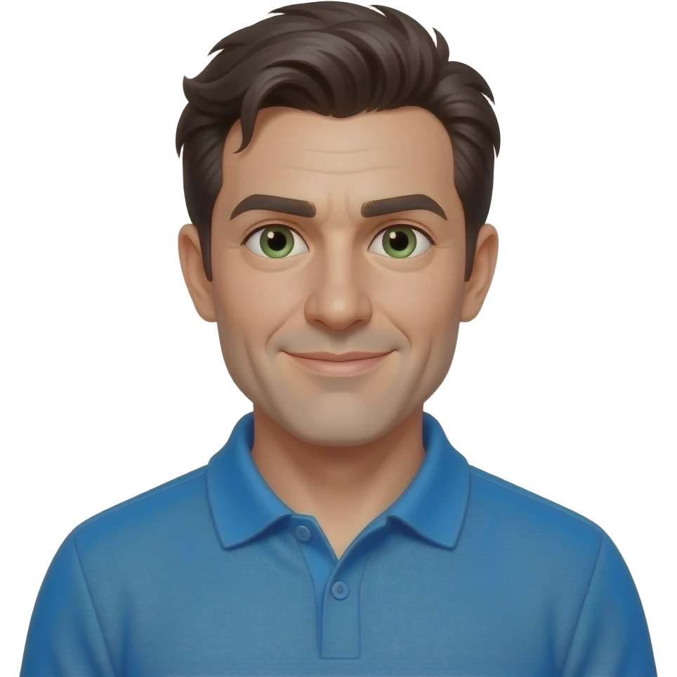 30s man, no dimples, dark short messy hair, green and brown eyes, bright blue polo emoji