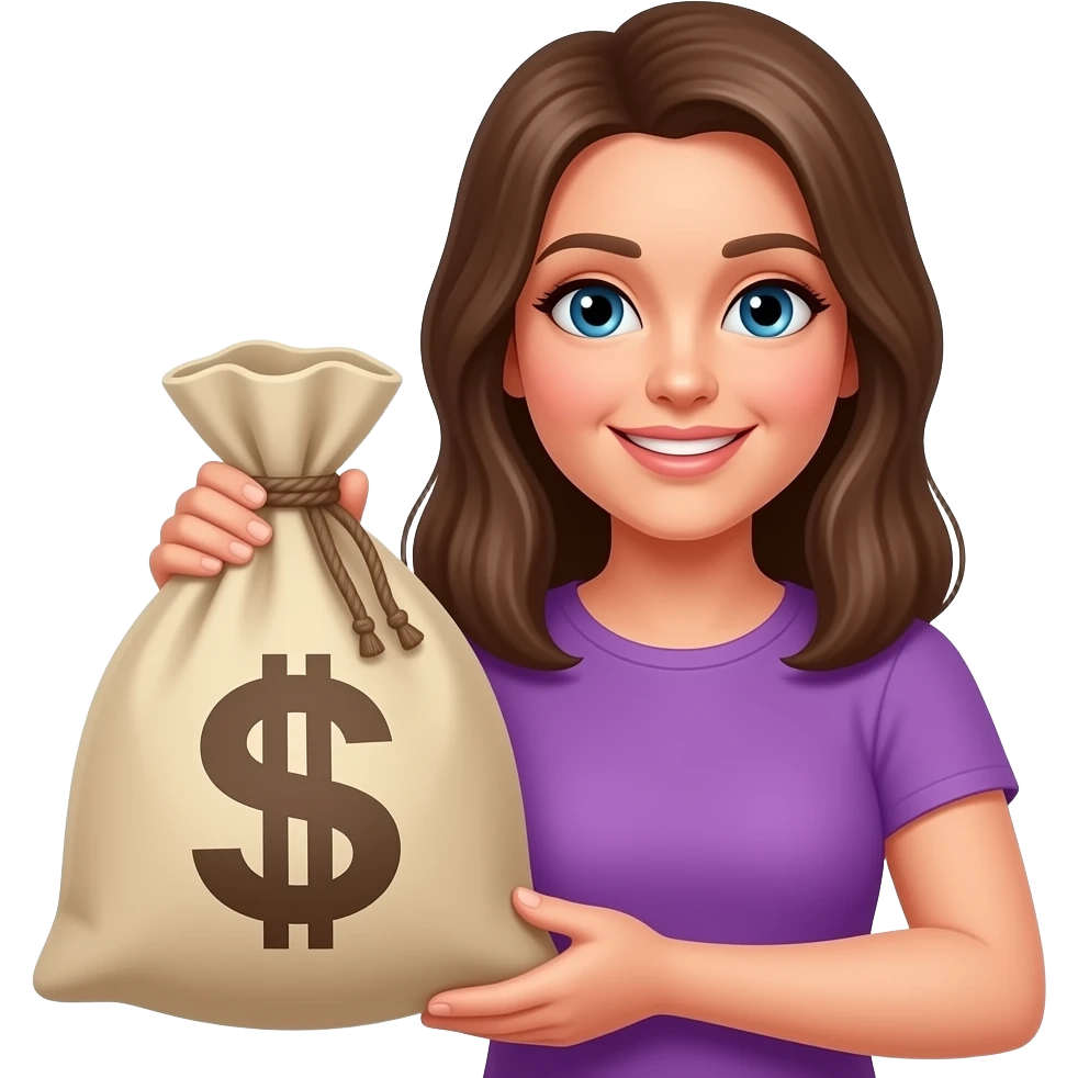 Счастливая женщина с мешком денег рубли в фиолетовой одежде не доллар emoji
