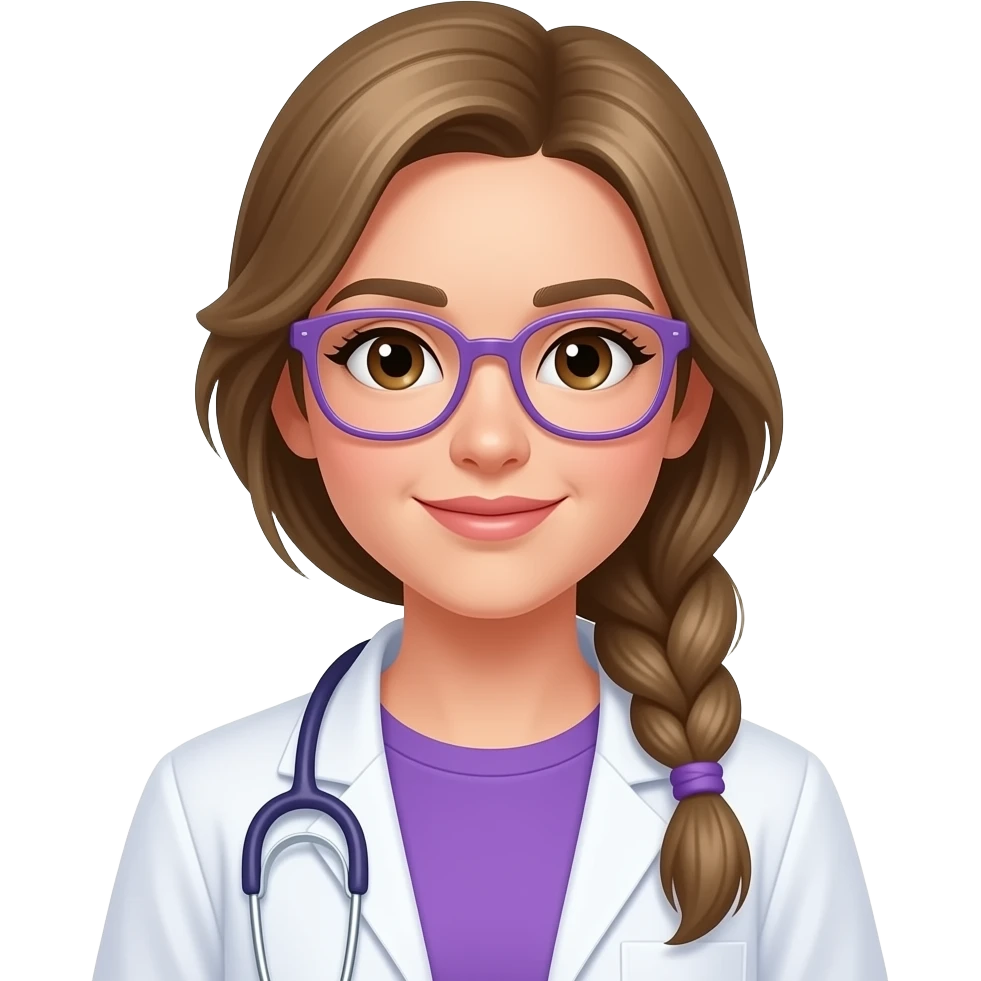 young vetenary woman, long dark blond hair with just one bread on the side, light thin purple eyeglasses brown eyes, purple hair tie, purple tshirt under our vetenary coat emoji