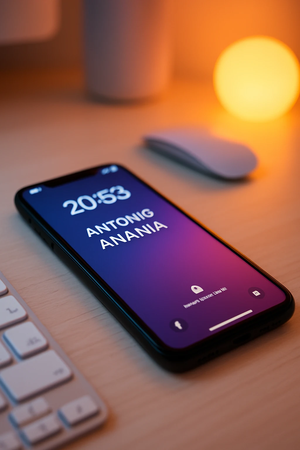 A photo of an iPhone on the desk with the message "Antonio Anania" on its screen, The phone sits atop a desk with a blurred background that suggests work environment. A faint glow from above casts gentle shadows across the surface of each object, creating depth and highlighting their textures emoji