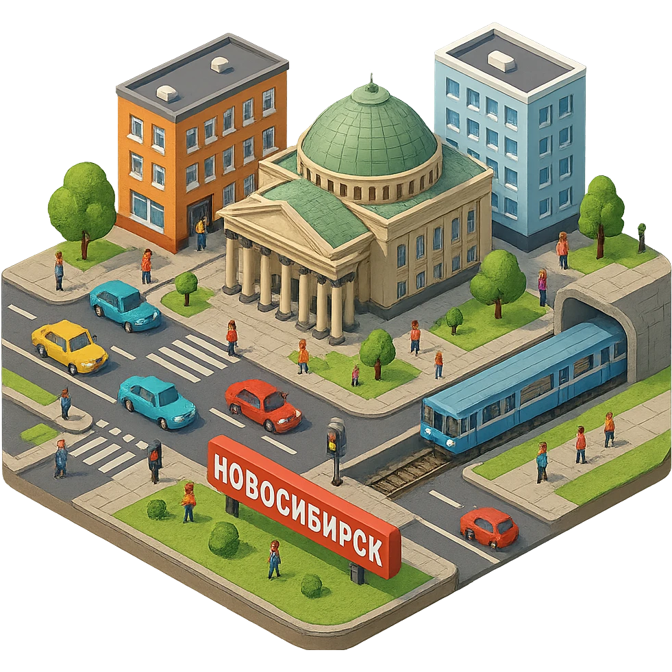 Изометричная миниатюрная фотореалистичная 3D модель Новосибирска, четкая детализация, яркие цвета, мультяшный реализм, люди, автотранспорт и метро, компактная композиция, вид сверху в изометрии, прозрачный фон emoji