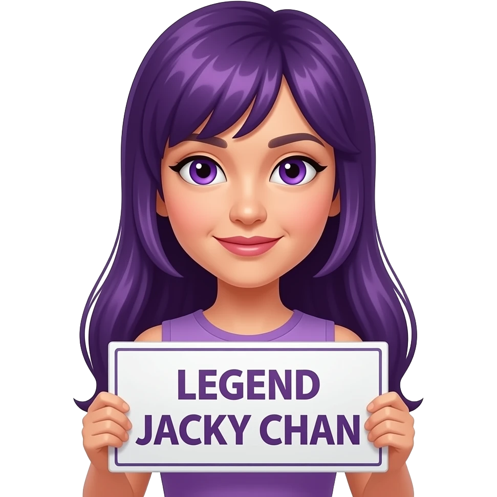 sexy girl with long purple hair and purple eyes holding a LEGEND JACKY CHAN sign emoji