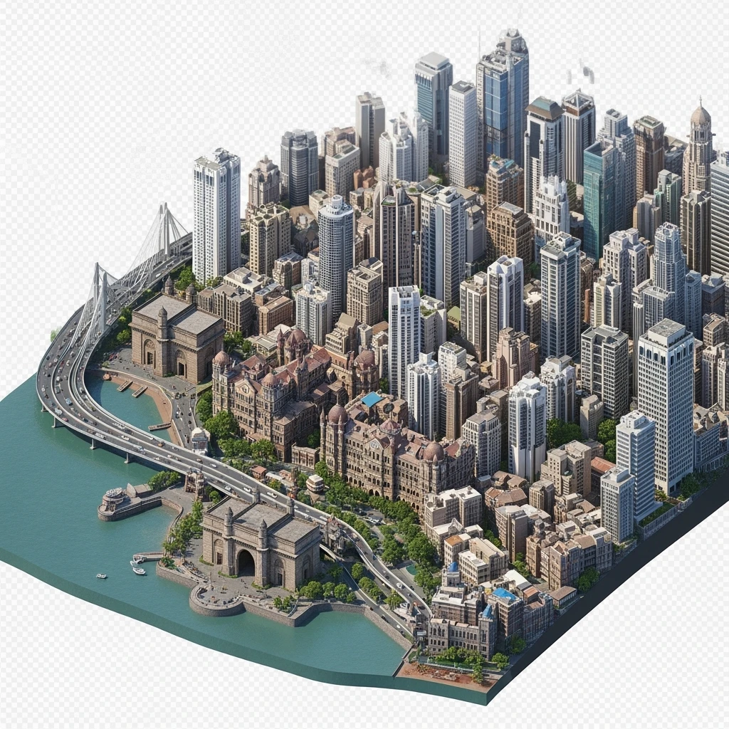 Isometric miniature of Mumbai city, featuring iconic landmarks like Gateway of India, Bandra-Worli Sea Link, Chhatrapati Shivaji Terminus,  clustered high-rises and skyscrapers, 3D miniature effect and Tilt Shift effect, no cartoonish look, transparent background.

 clustered high-rises emoji