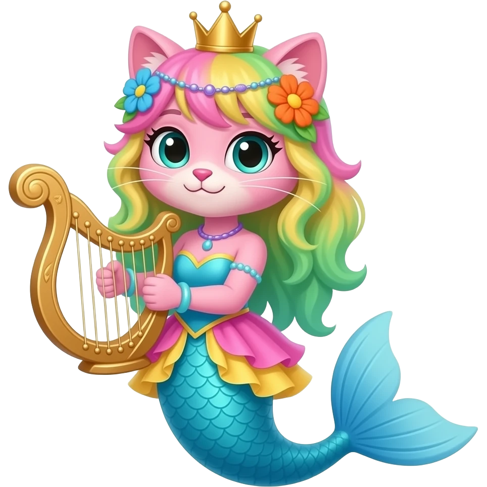 pink anthro cat  with pink and green and yellow hair blue flower orange flower golden crown with light purple necklace light cyan braclets cyan and pink and yellow dress with  attached to cyan  and light blue mermaid tail with dark blue fins holding a golden harp emoji
