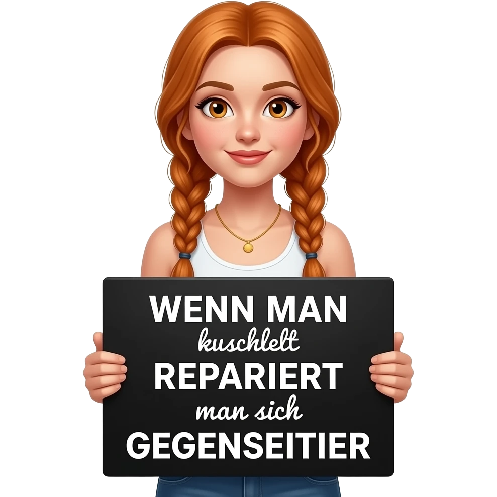 sexy girl with long ginger braids and ginger eyes wearing a white tanktop is holding a big black sign with WENN MAN kuschelt REPARIERT man sich GEGENSEITIG written on it emoji