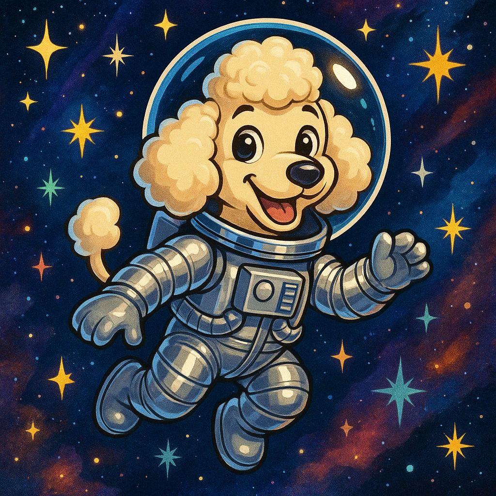 a cartoon poodle in a shiny astronaut suit, floating among stars, cosmic background, cute and friendly emoji