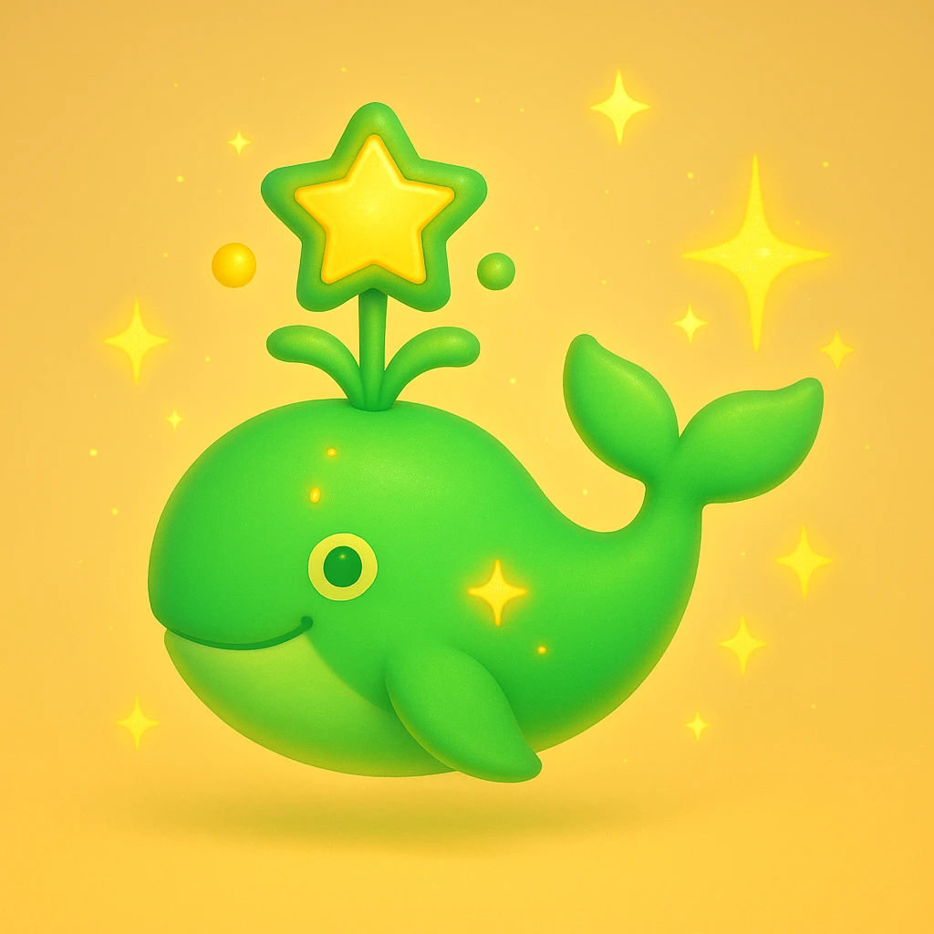 3D style magic whale with sparkles, green and yellow colors emoji