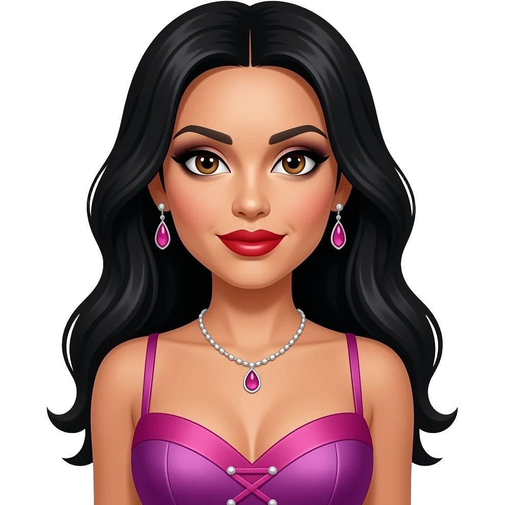 Nicole Scherzinger from The Pussycat Dolls with brown eyes, long black hair, black eyeshadow, red lipstick, pink and purple off corset dress, necklace and earrings emoji