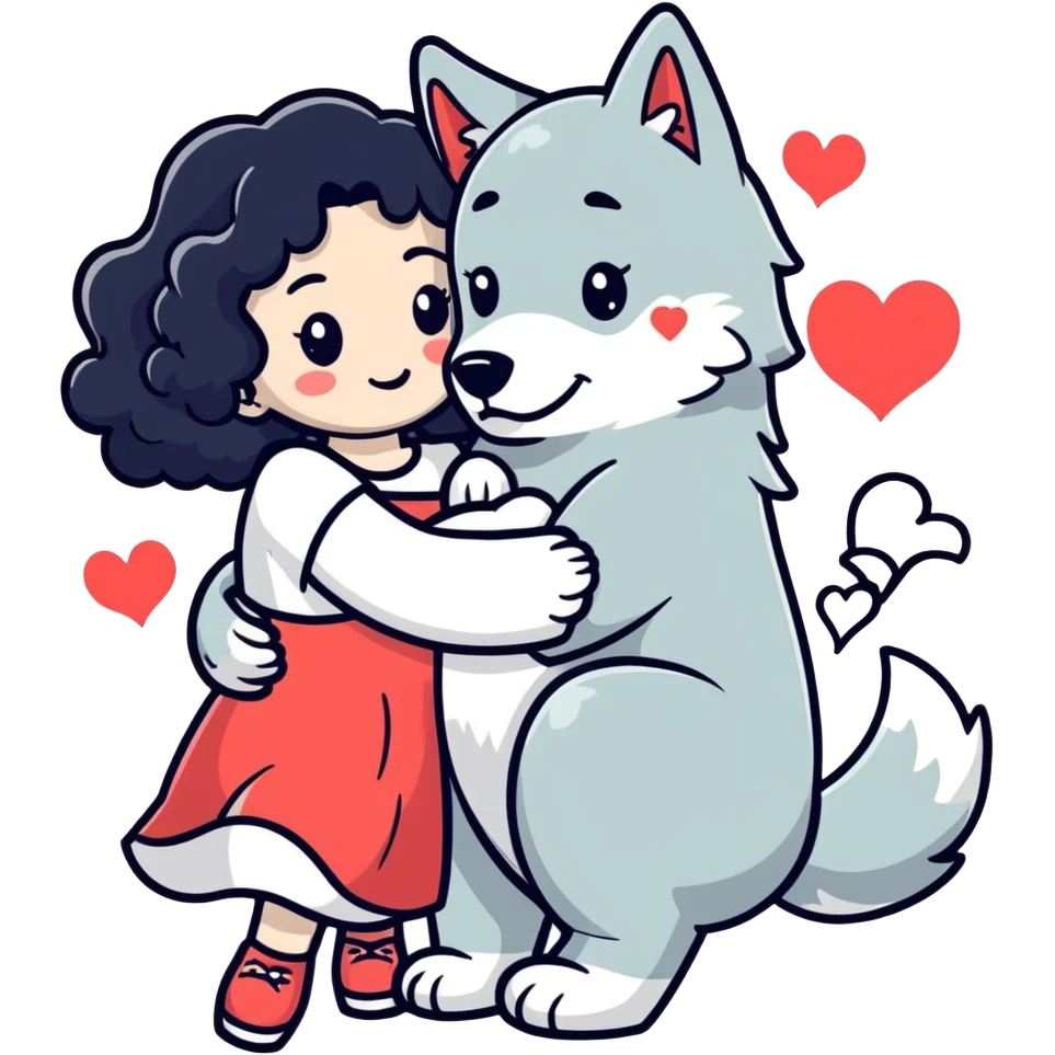 Black curly hair white skin girl hugging one big wolf with hearts above them emoji