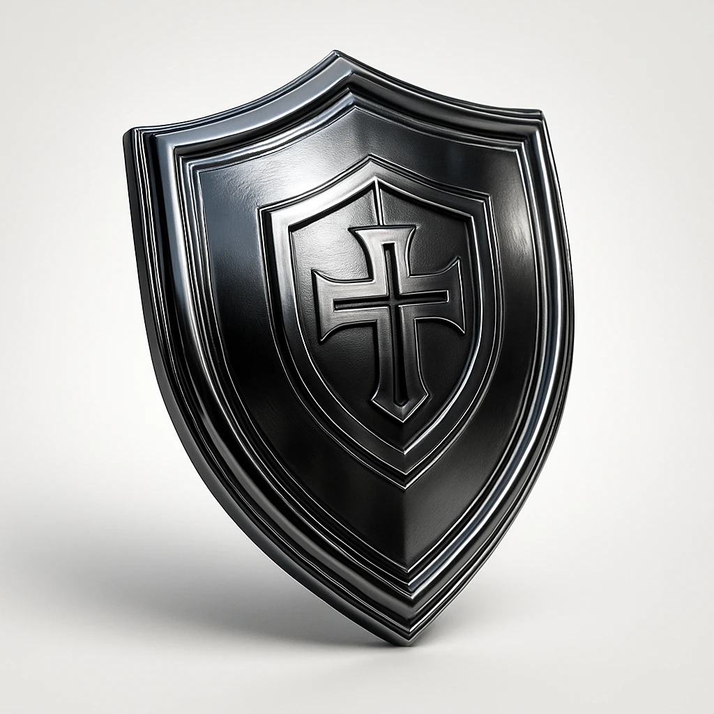 chrome style shield with a bold emblem, dark chrome, shiny, modern emoji