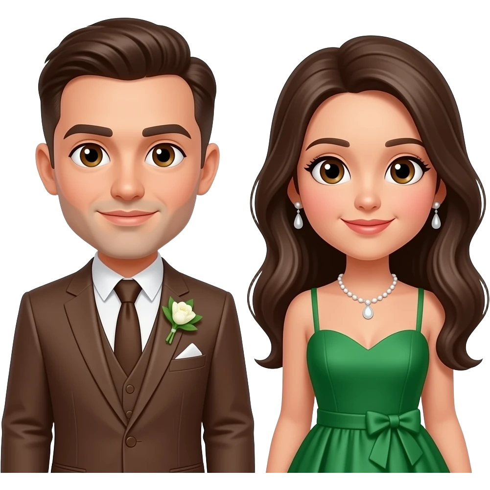 Groomsman brown suit and bridesmaid green dress brown eyes emoji