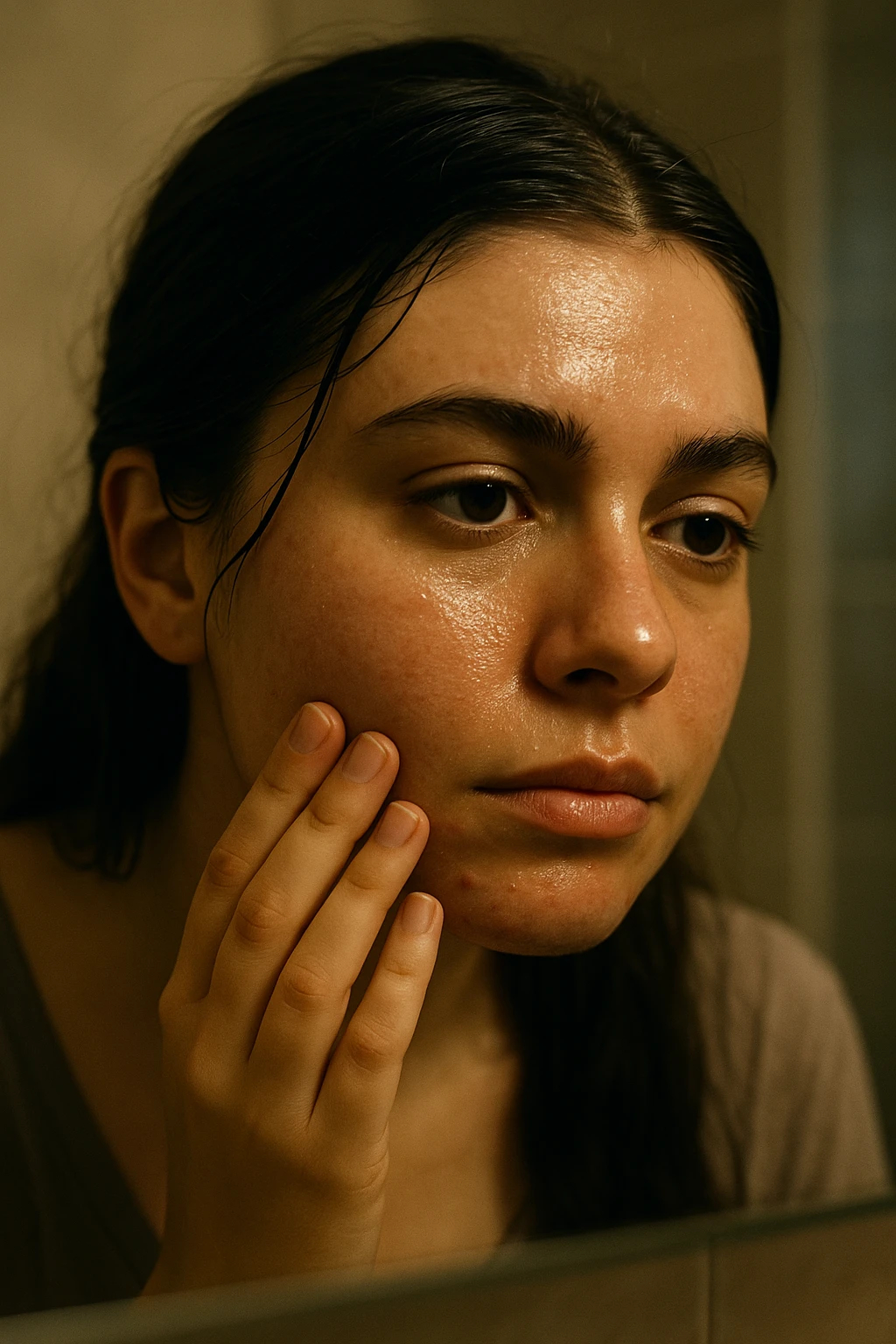 A highly realistic, cinematic close-up portrait of a young woman in her late 20s with medium skin tone, showing visible oily skin and enlarged pores on her cheeks, nose, and forehead. Her skin has a noticeable shiny appearance due to excessive sebum production, and small acne spots are visible along her jawline and chin, indicating hormonal imbalance. Her dark hair appears greasy, clumping in some areas near her scalp, emphasizing unwashed, oily hair due to overactive sebaceous glands caused by PCOS. The woman looks at herself in the mirror with a tired yet hopeful expression, gently touching her cheek with her fingertips as she observes her skin condition. The setting is a softly lit bathroom with natural daylight, and the reflection shows the detail of her skin texture and greasy hair strands. Style: 35mm hyperrealistic film, warm neutral tones with soft depth of field, focusing on the oily skin texture, visible pores, and greasy hair to clearly illustrate the visual symptoms of PCOS. in italiano emoji