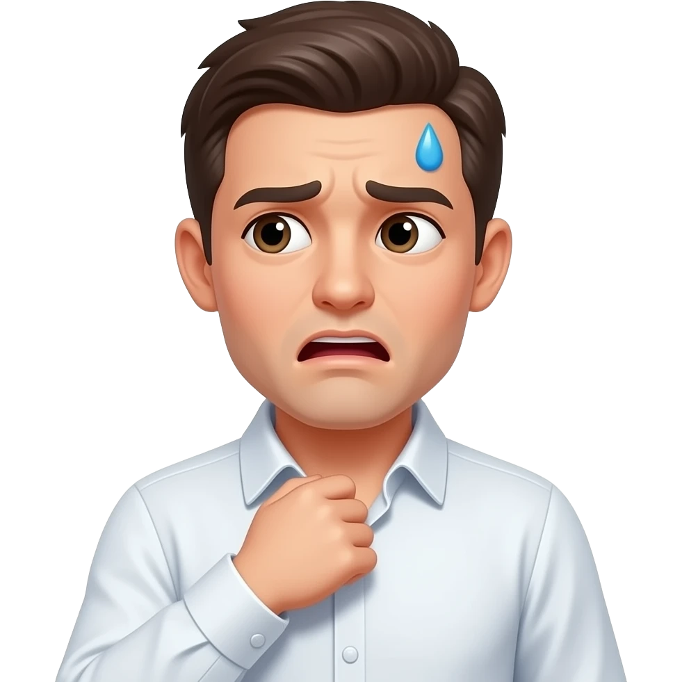 The emoji has an awkward, nervous expression with eyes looking away to the side, avoiding eye contact. One hand is reaching up to pull and tug at the collar of a white dress shirt, creating a gap as if gasping for air. A single drop of blue sweat drips from the forehead. emoji