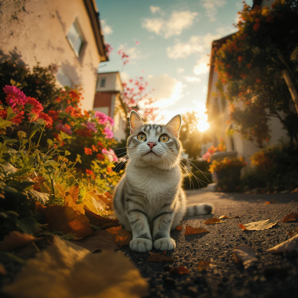 cat in a garden, wide-angle photography style emoji
