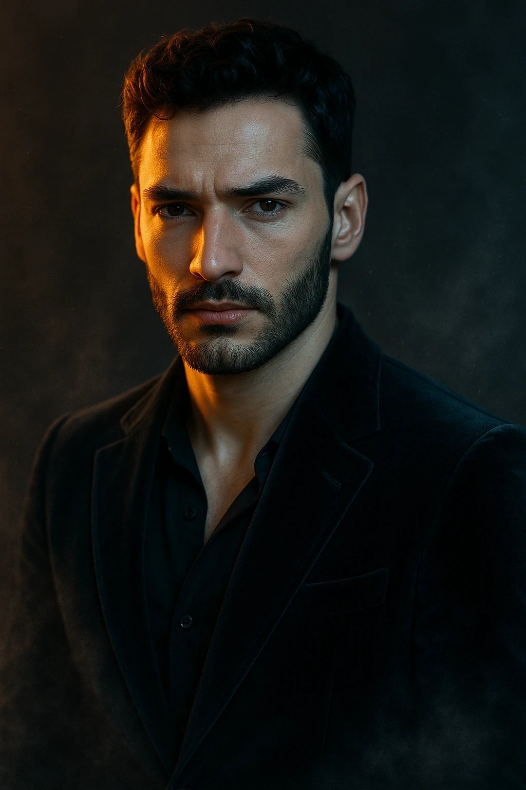 Usa questa immagine come riferimento per creare un ritratto iperrealistico e ravvicinato di un carismatico nodello maschile, ambientato in un contesto editoriale suggestivo. I volto è illuminato da fasci di luce ambrata e blU ghiaccio che contrastano tra loro, esaltando la simmetria marcata della mascella, la sottile barba incolta e uno sguardo penetrante e sicuro. I| modello indossa una giacca sartoriale scura in morbido velluto, leggermente sbottonata sul colletto. Lo sfondo sfuma in un profondo gradiente antracite con una delicata foschia cinematografica e sottili bagliori di luce. Un lieve velo di nebbia avvolge la sua silhouette, accentuando un'atmosfera sofisticata e misteriosa. L'effetto complessivo evoca un'eleganza di alta moda con un tocco moderno e malinconico, ideale per una campagna pubblicitaria di lusso o per la copertina di una prestigiosa rivista. emoji