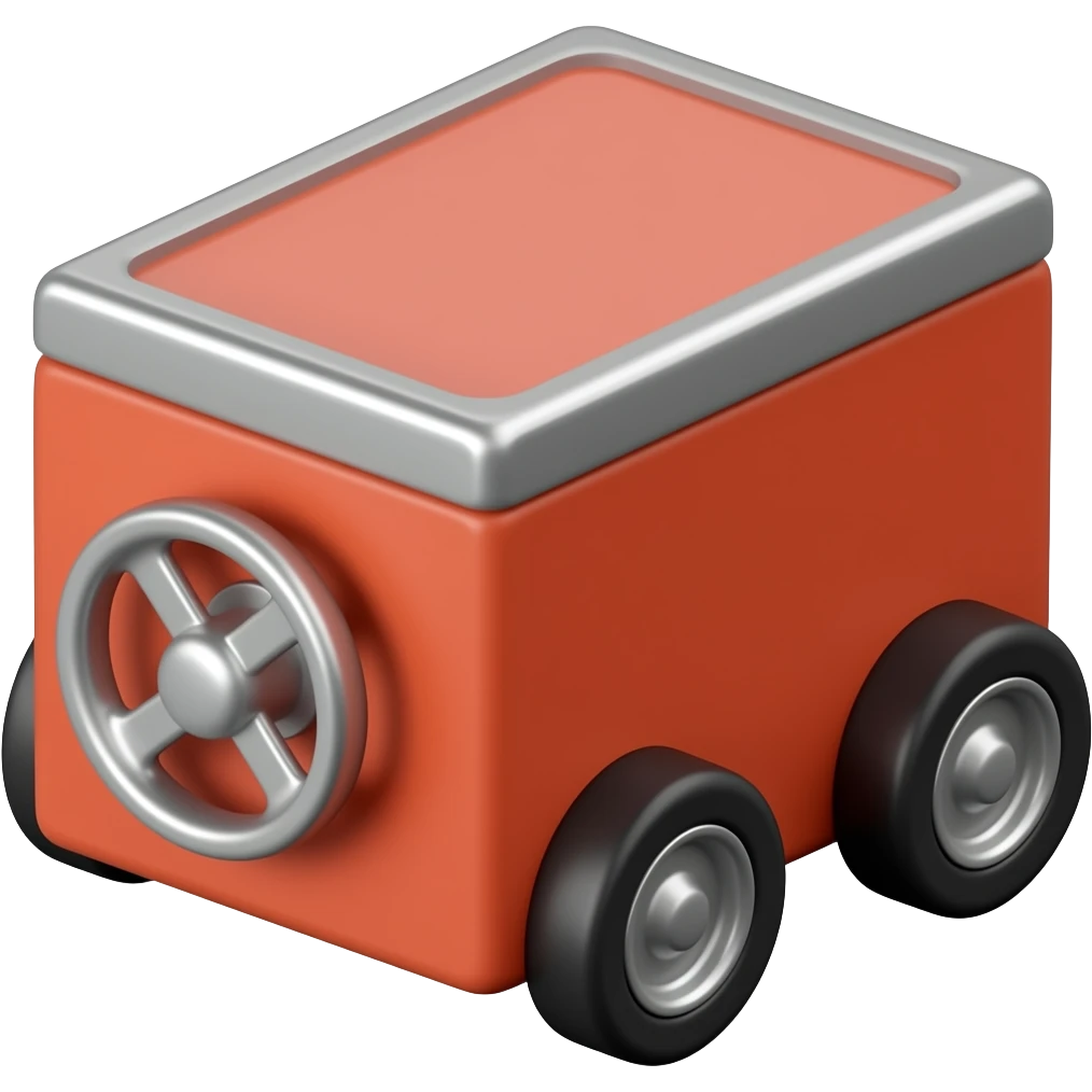 Red box with 4 small wheels with stearing wheels emoji