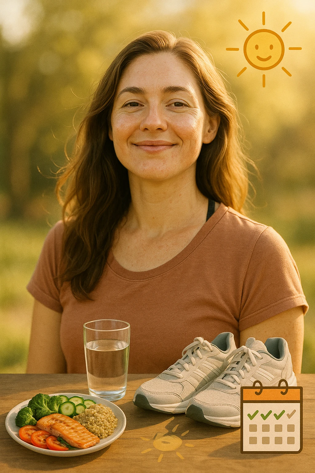 Realistic portrait of a woman with PCOS who is finally well, serene and vital appearance, glowing skin, healthy hair, relaxed but energetic posture. Next to her, visual symbols referencing a healthy lifestyle: balanced plate, glass of water, sneakers, sun, and a calendar with days marked without symptoms. Reduction of PCOS and premenstrual symptoms. Warm natural lighting, vertical 2:3, no text. emoji