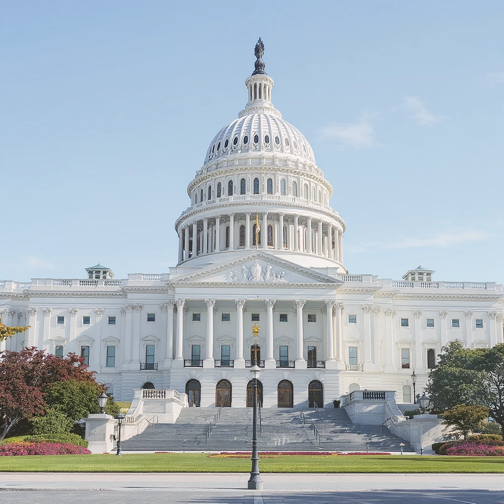 Create a realistic emoji of the California State Capitol building from a direct front view. The emoji should be highly detailed and accurately depict the white color of the building. The lighting should be sunny and natural. The background must be transparent. emoji
