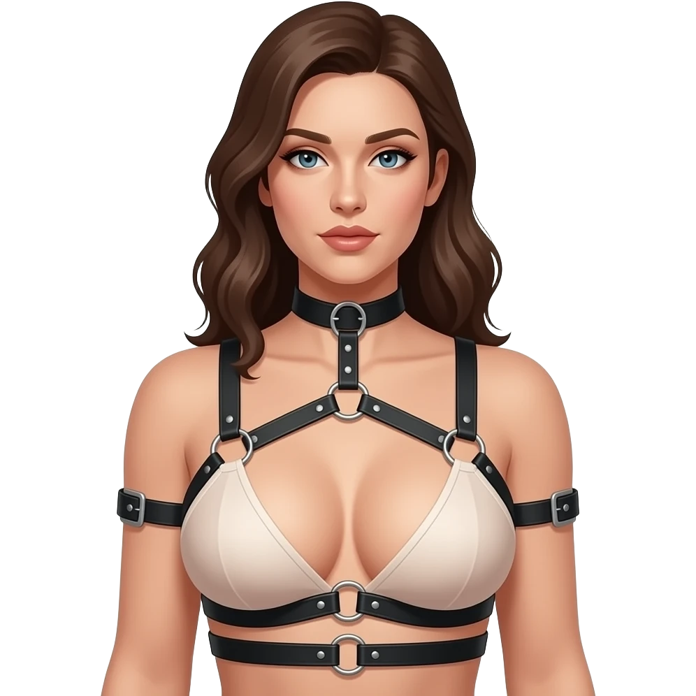 Nude woman in bdsm body harness, average breasts emoji