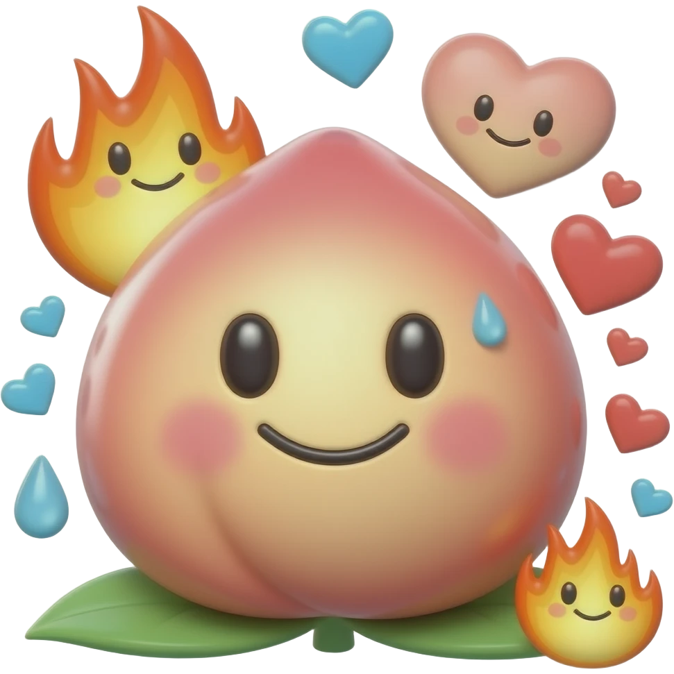 A glossy 3D peach and eggplant emoji duo with cheeky smiling faces, blush, sweat drops, tiny hearts and flames, playful spicy adult humor, clean transparent background, soft shadow, high quality, no text, no watermark, non-explicit emoji