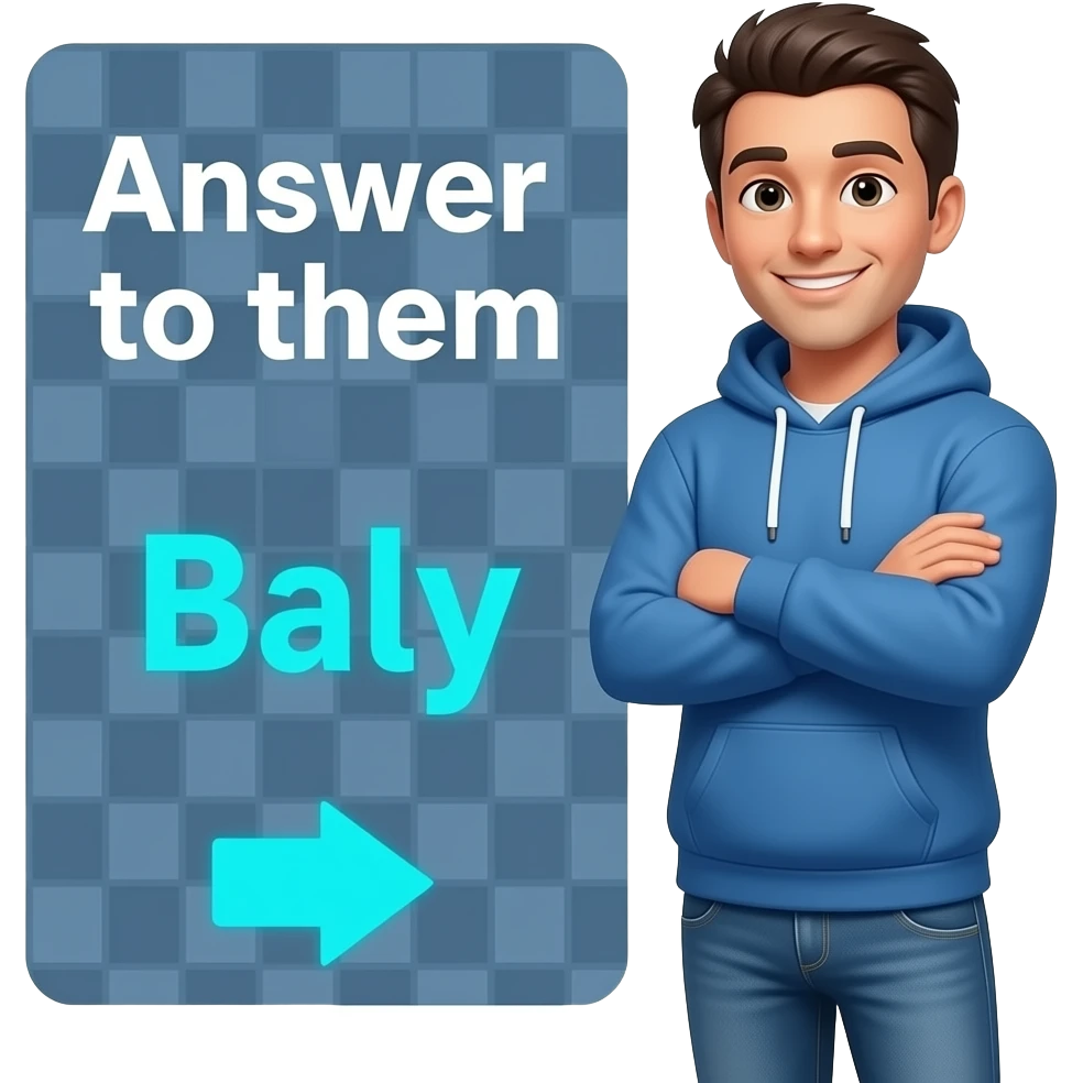 A 3D emoji-style illustration of a friendly man in casual clothes (blue hoodie and jeans), standing with arms crossed and looking directly at the viewer with a warm smile. Text in side: 'Answer to them,' are in bold white text, while the name 'Baly' is rendered in a vibrant, glowing sky blue color. emoji