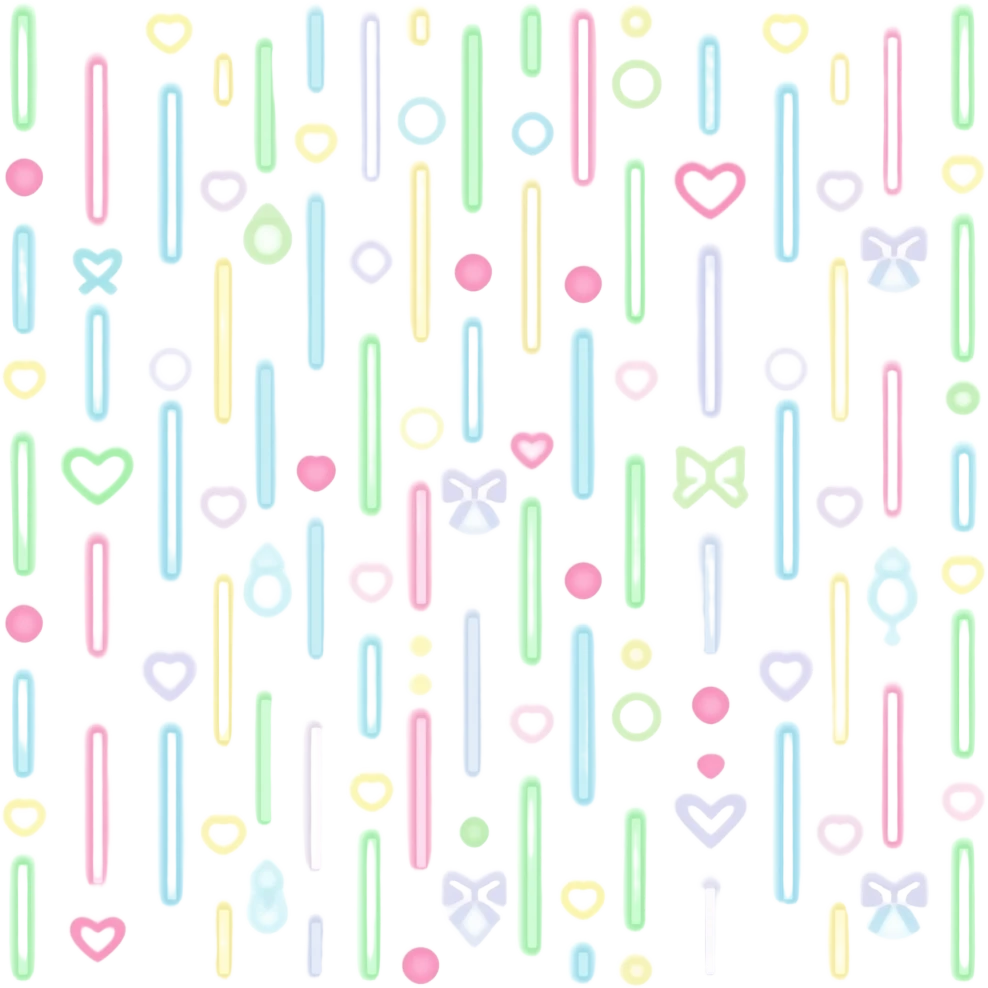many light blue , pink, green and yellow colored glowly straight, vertical, and horizontal lines, small outlined hearts, bows and circles of the same colour scattered messily and without a pattern far from each other emoji