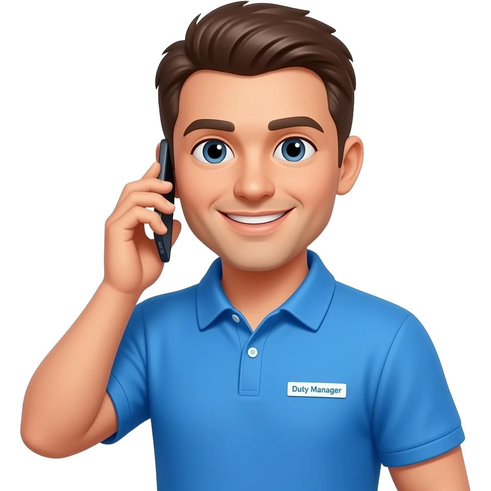 male Duty Manager, blue polo shirt, smiling with mobile phone emoji