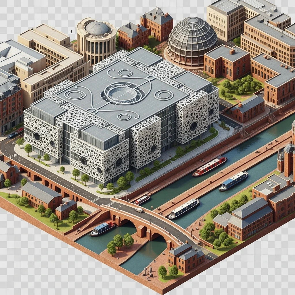 Isometric illustration of Birmingham, featuring the Library of Birmingham with its modern architecture and nearby canals, highly detailed in semi-realistic style, balanced between stylized and realistic, 3D miniature effect, transparent background. emoji
