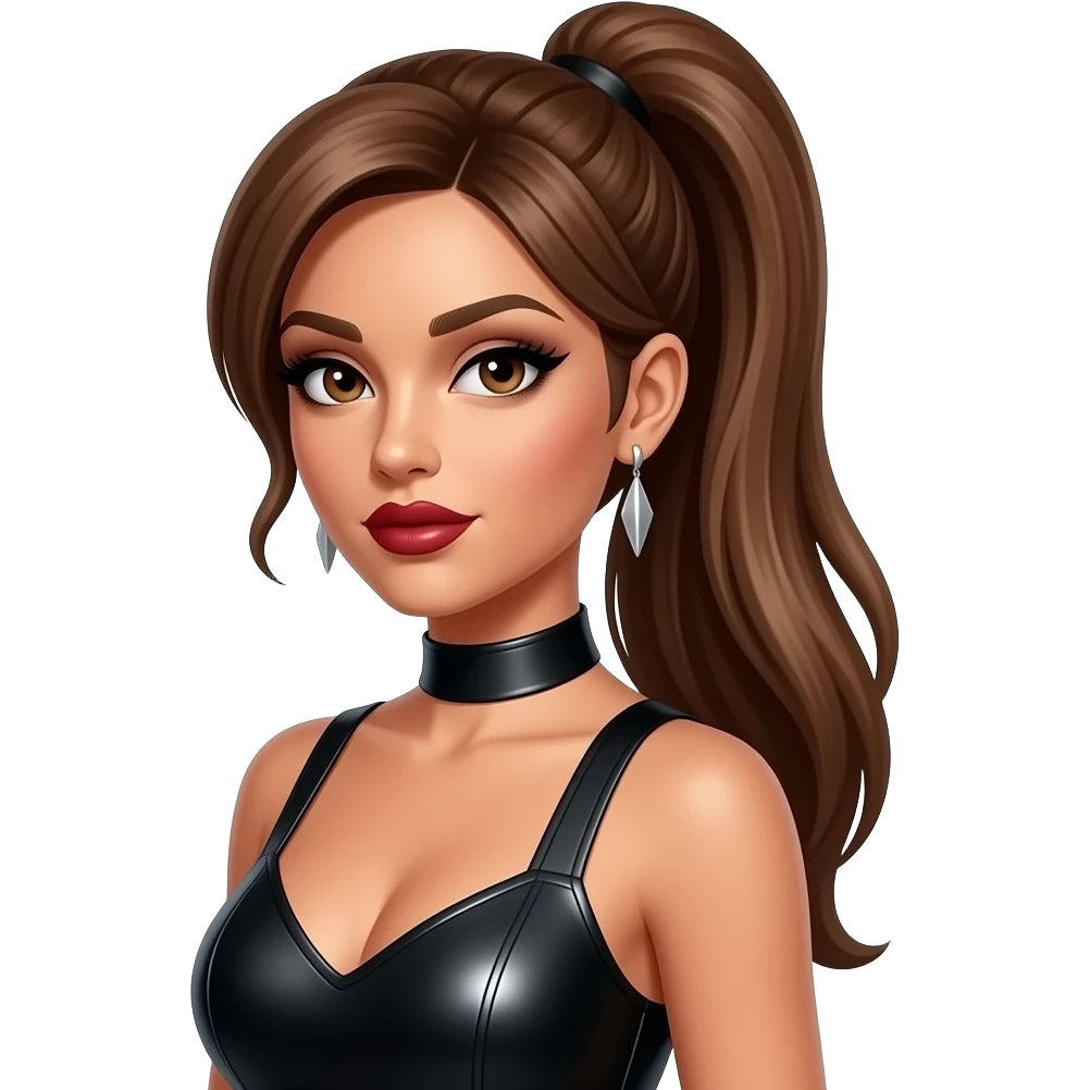 Melody Thornton from The Pussycat Dolls with light brown skin, dark brown eyes, long brown high ponytail hair, black eyeshadow, dark red lipstick, black metallic halter dress, silver earrings emoji