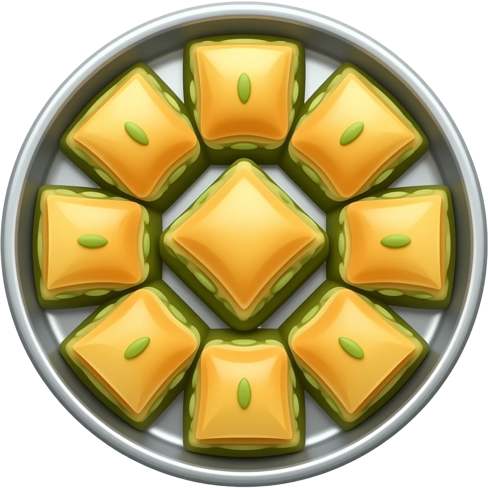 Yuvarlak gümüş bir tepside kare dilimlenmiş fıstıklı baklavalar emoji