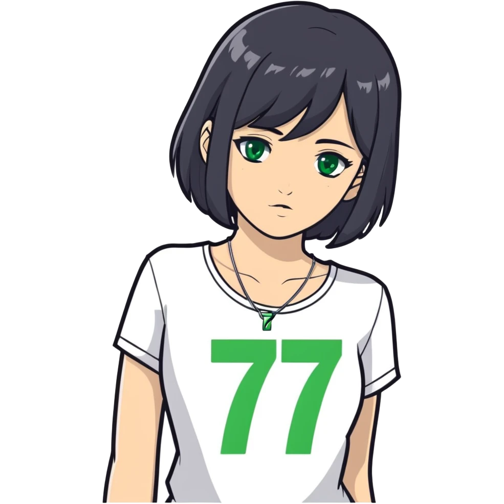 girl with black hair, grey and green eyes, with white top and silver necklace with number 777 emoji