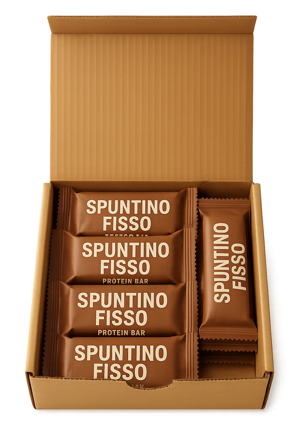 scatola aperta piena di barrette proteiche, con la scritta "SPUNTINO FISSO" SULLA CONFEZIONE in italiano,  realistici emoji