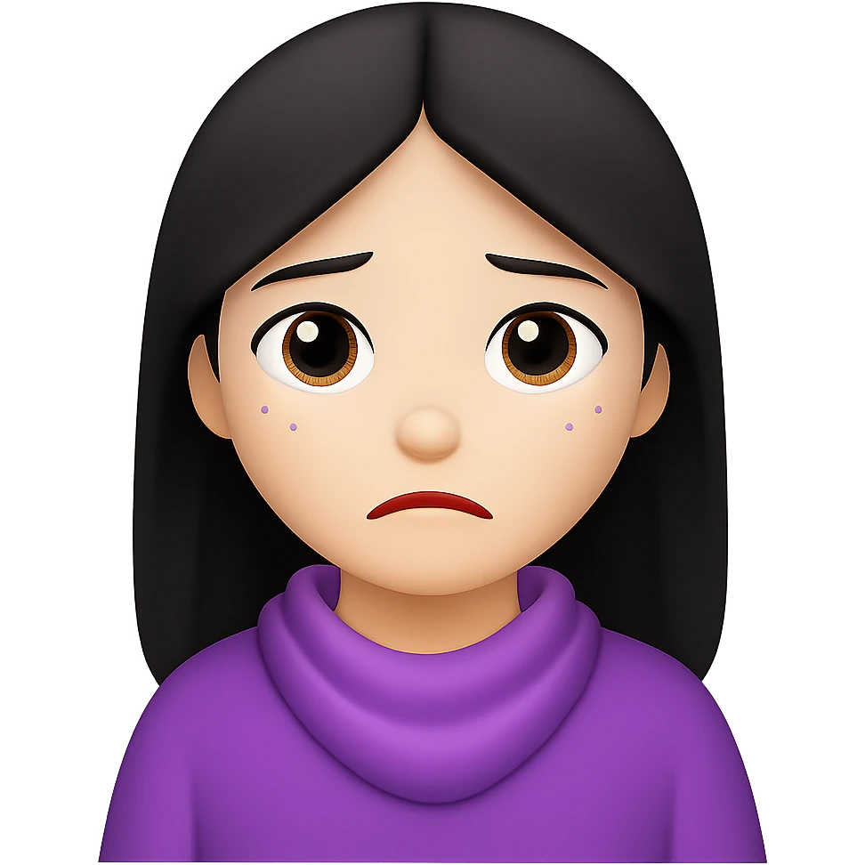 Remove the bandana and change the white clothes to a different color, keep the lilac elements and sad face, in the style of emoji (apple style emojis). emoji