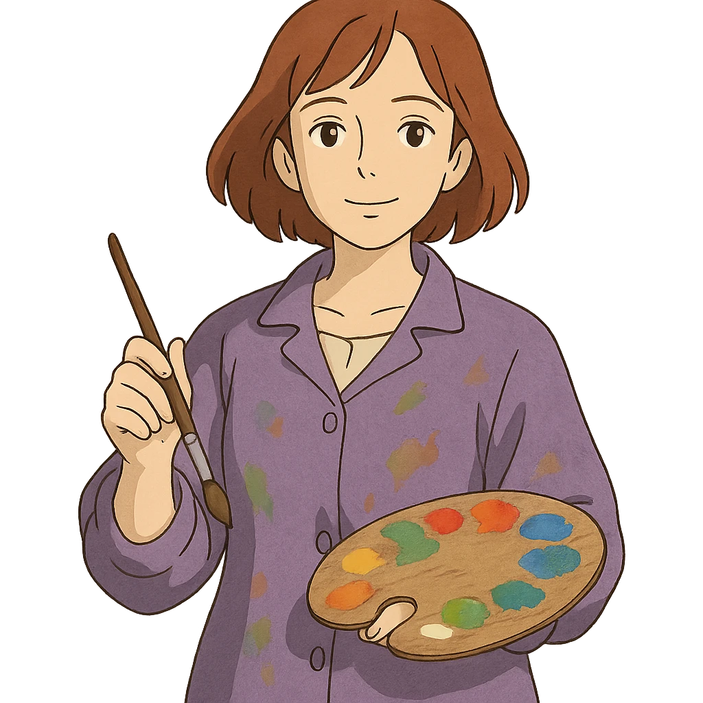 Serene female oil painter, Caucasian features, shoulder-length auburn hair, soft brown eyes, gentle smile, wearing a violet painter’s smock lightly stained with paint over a beige blouse, holding a wooden palette with vibrant colors in one hand and a brush in the other, waist-up, front-facing emoji