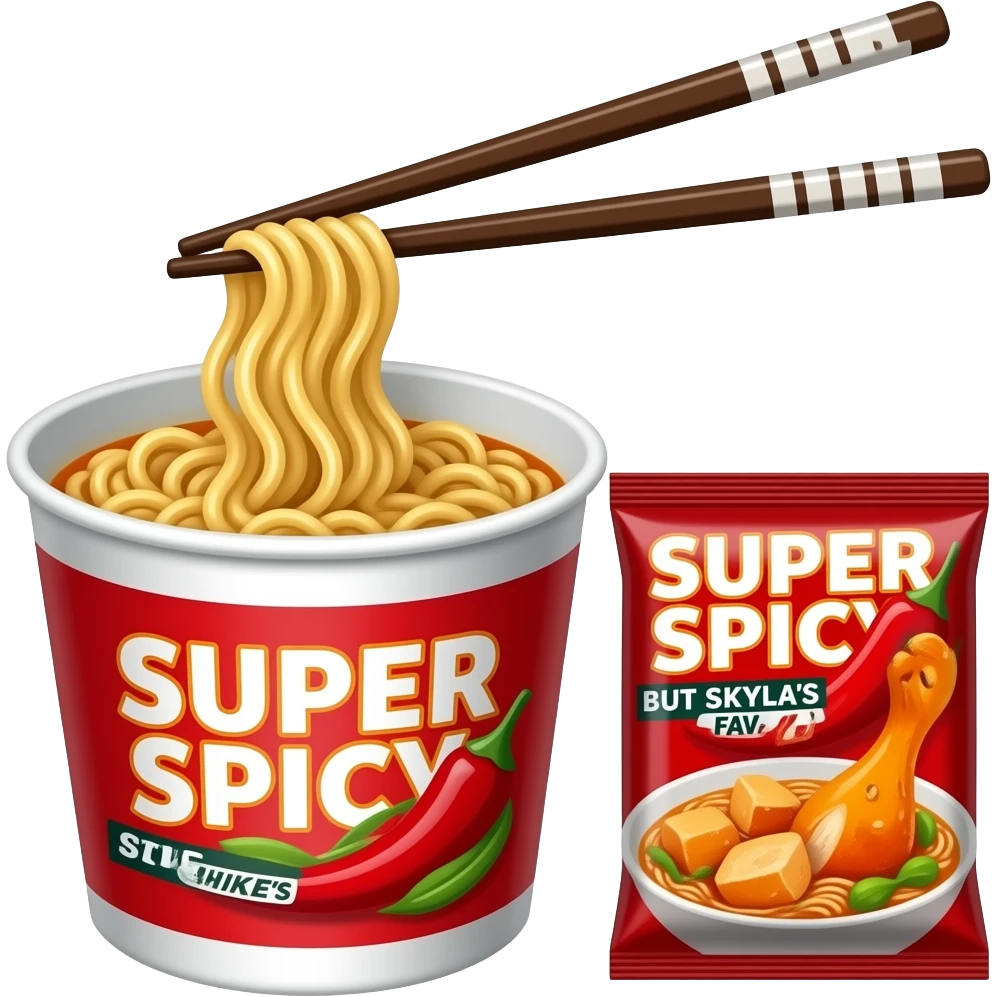Spicy chicken Noodles in a cup with chopsticks and The package says SUPER SPICY BUT SKYLARS FAV! emoji