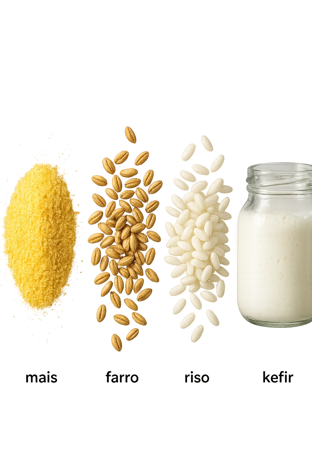 MAIS, FARRO, RISO, KEFIR FLUTTUANO IN ARIA, IPERREALISTICO 4K emoji