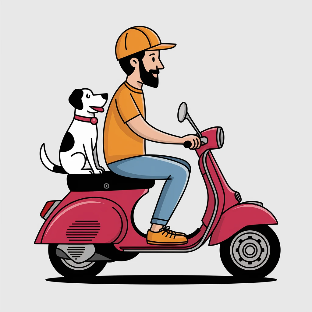 vector art of a man and his pet dog riding a vespa, for website design emoji