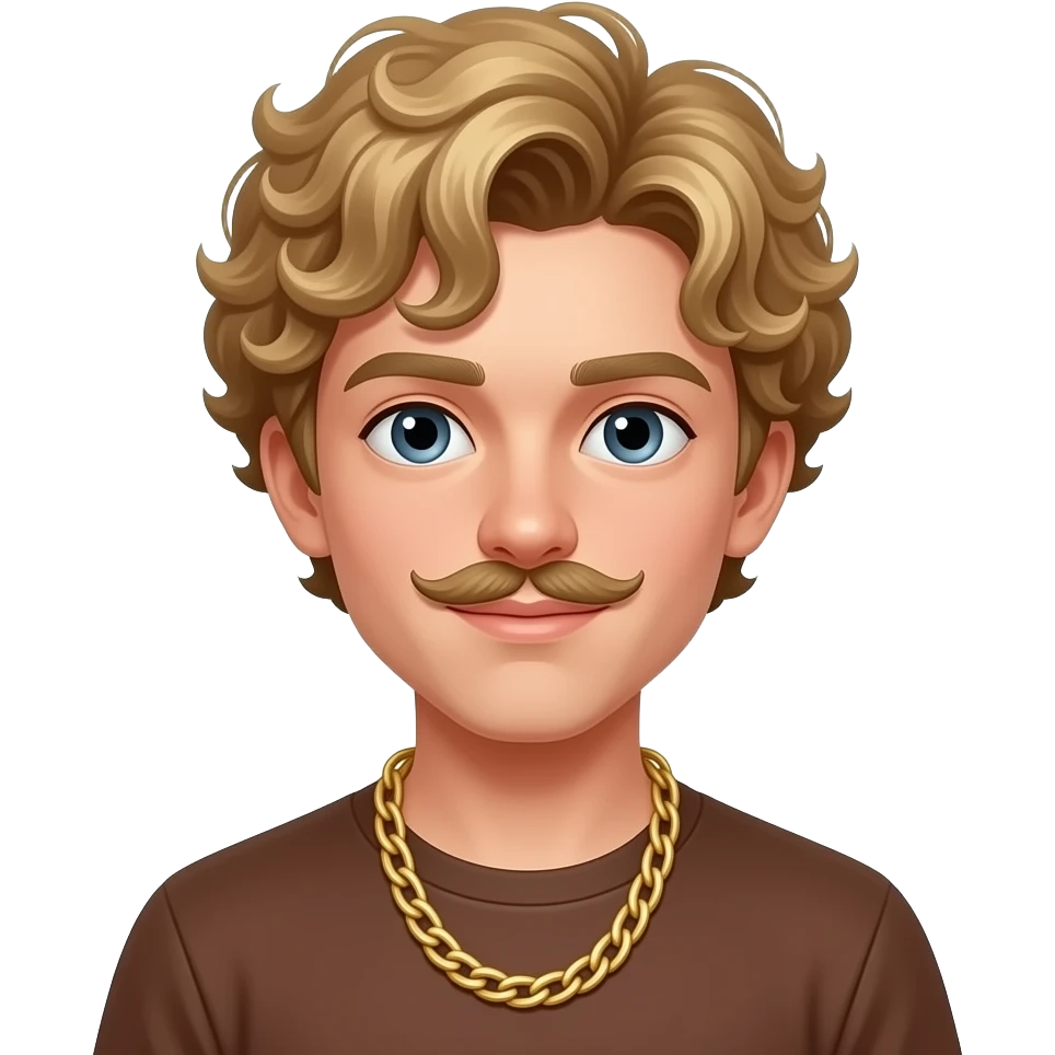 a boy with unique face curly golden hairs wear a borwn uper and golden chain and long mostache emoji