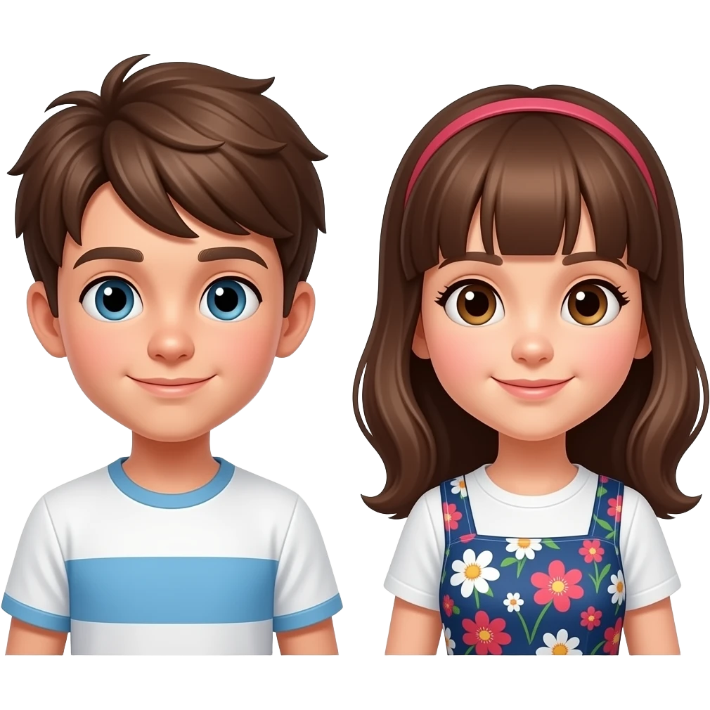 hacme una maquina del tiempo con un chico y una chica tocando la maquina del tiempo, la chica medio castanya con un peto de vestido i el chico castanyo con camiseta blanca y una raya azul emoji