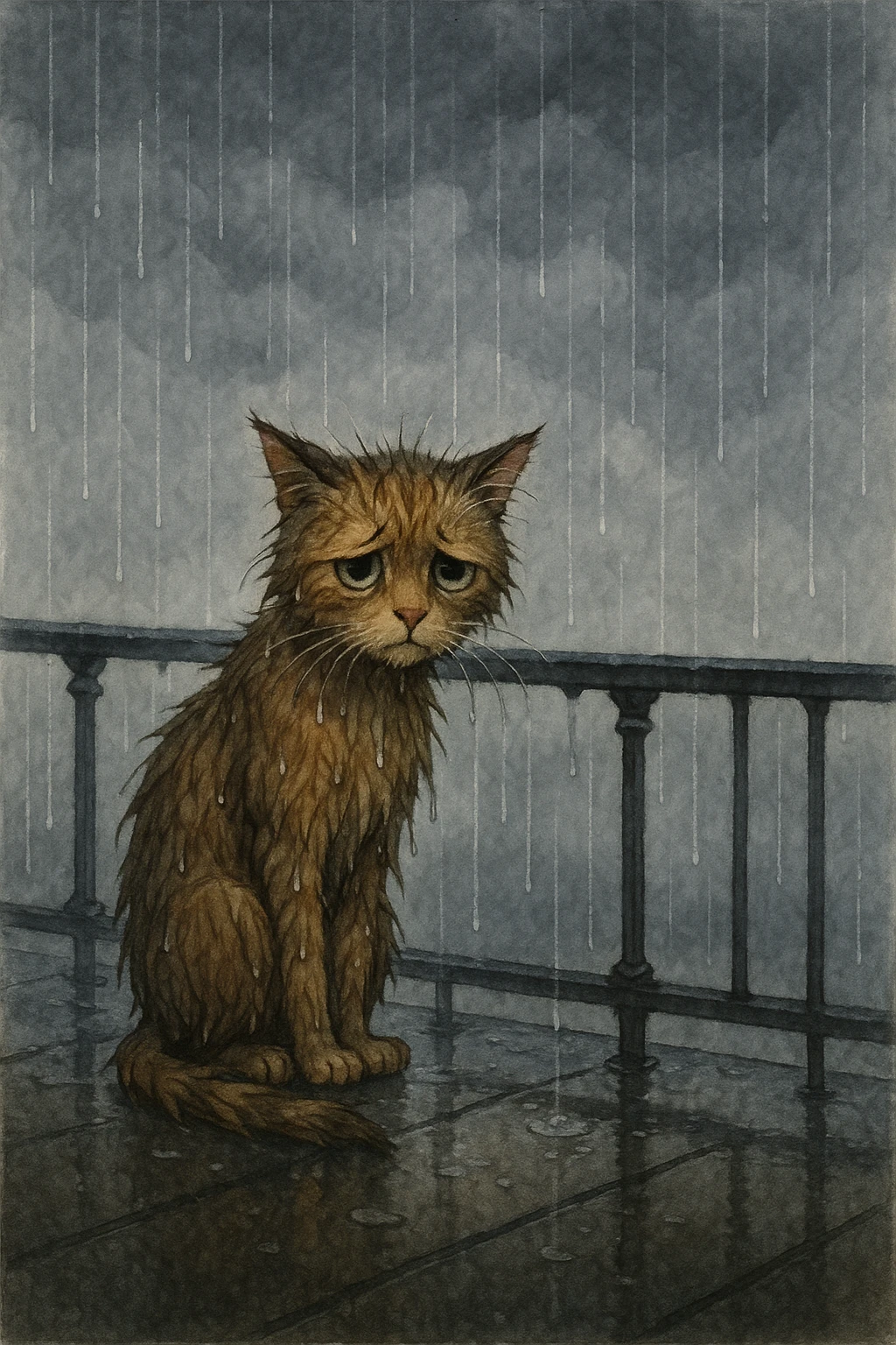 A lonely cat waiting on a balcony in the rain, appearing sad, with wet fur and a gray sky. emoji