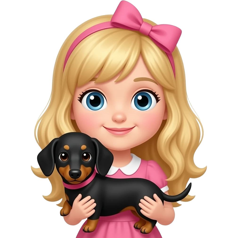 Blonde girl with pink bow holding black and tan dachshund emoji