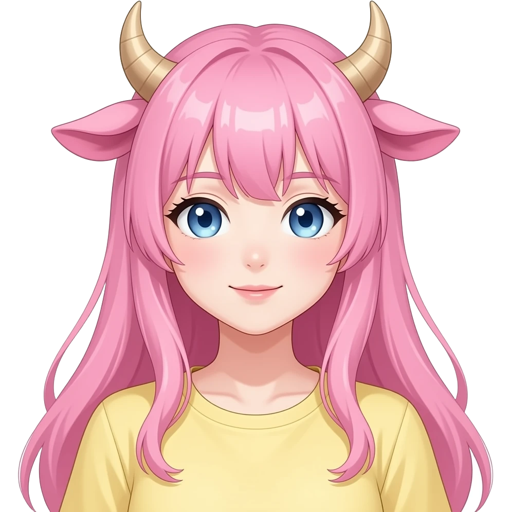 anime lady with horns, pink hair, pink cow ears, pastel yellow shirt, light blue eyes emoji