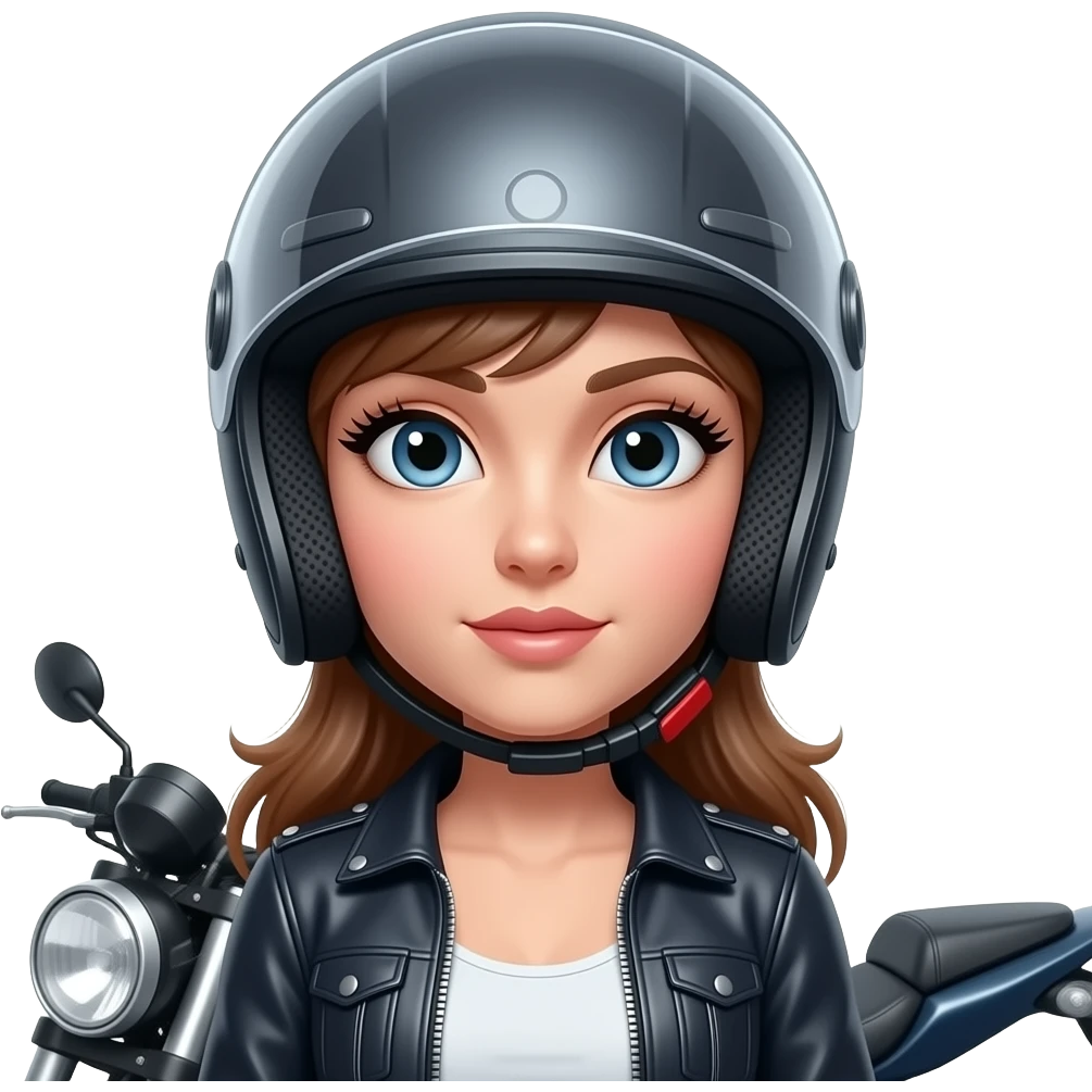 mulher com um capacete de mota que só se ve os seus olhos porem aberto e que se veja os cílios bem grandes e a mota ao lado da mulher e a mesma com roupa de motoqueira com os olhos mais relaxados emoji